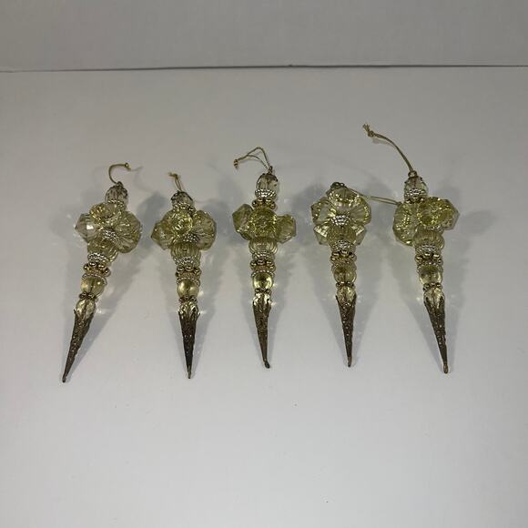 Vintage Faceted 5 Acrylic Citron/ Peridot Hand Beaded & Gold Filigree Ornaments - Picture 1 of 7